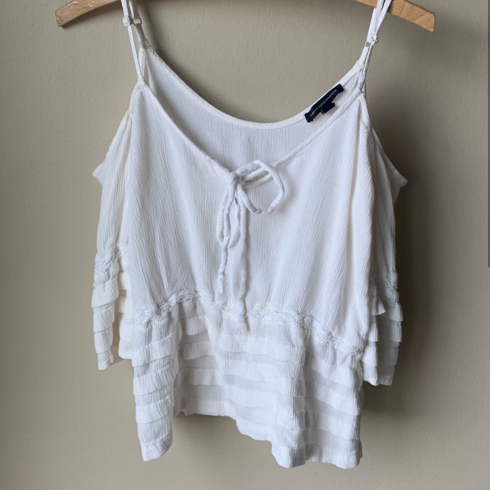 American Eagle outfitters cream cropped ruffle lace bell sleeved gauze top
